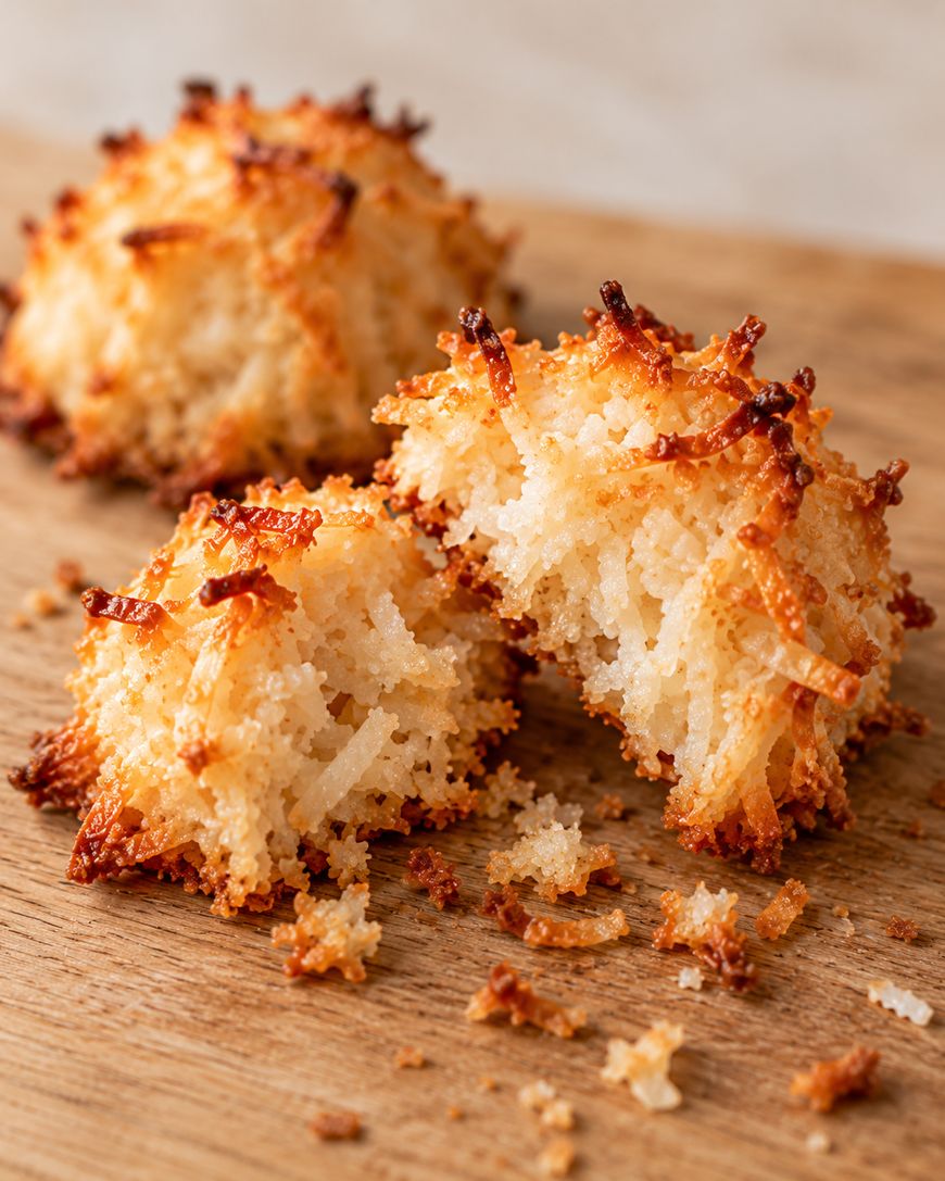 Two coconut macaroons on a wooden board, with one macaroon broken in half to reveal its shredded texture.