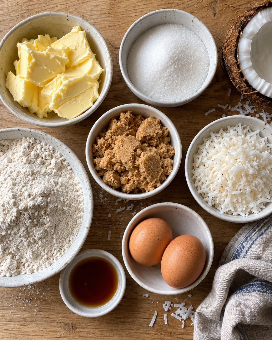 Seven small bowls on a wooden surface containing butter, white sugar, brown sugar, flour, shredded coconut, two eggs, and vanilla extract, with a half coconut nearby.