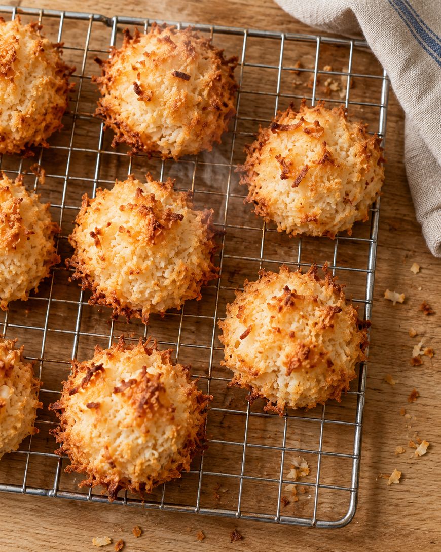 Seven golden-brown coconut macaroons cooling on a wire rack.