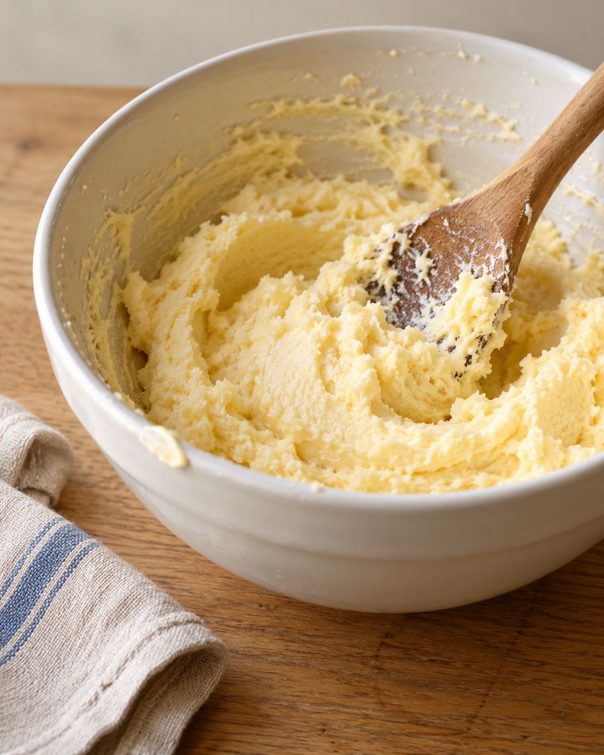 A wooden spoon stirs pale yellow creamed butter and sugar in a white mixing bowl.