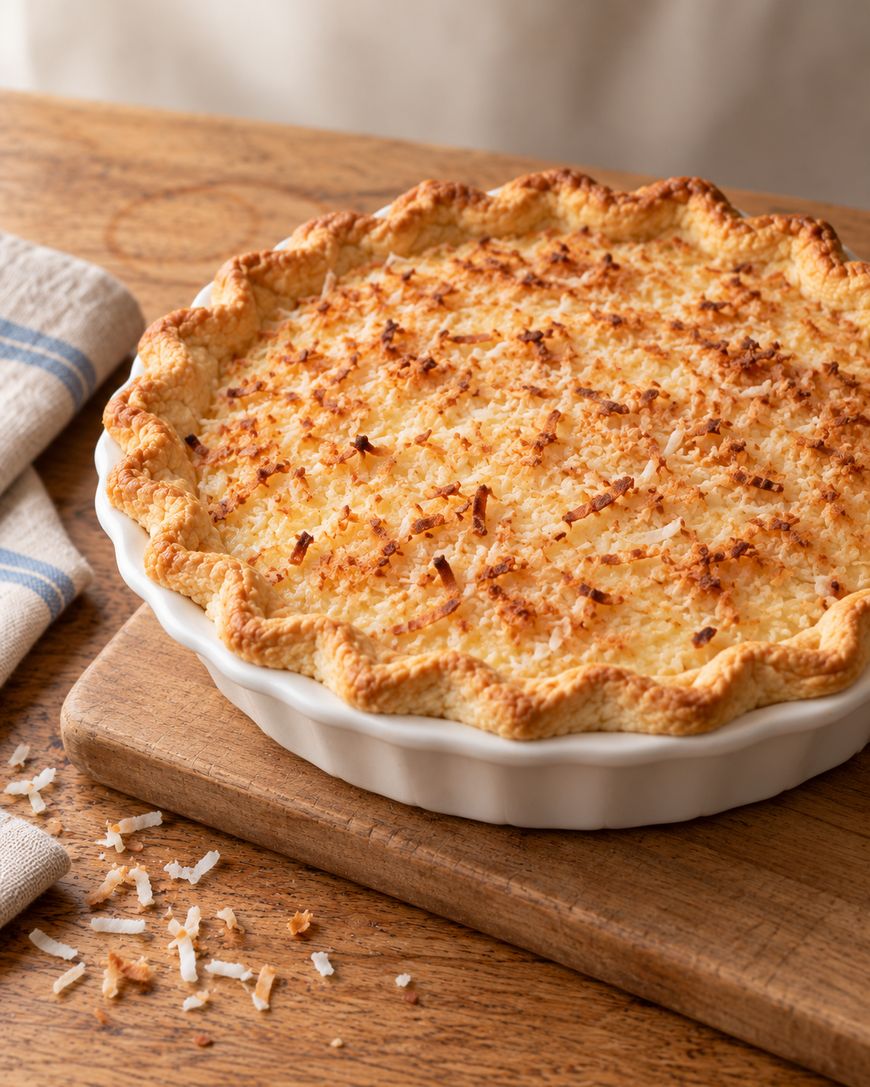 A coconut custard pie with a toasted, shredded coconut topping in a white fluted baking dish on a wooden board.