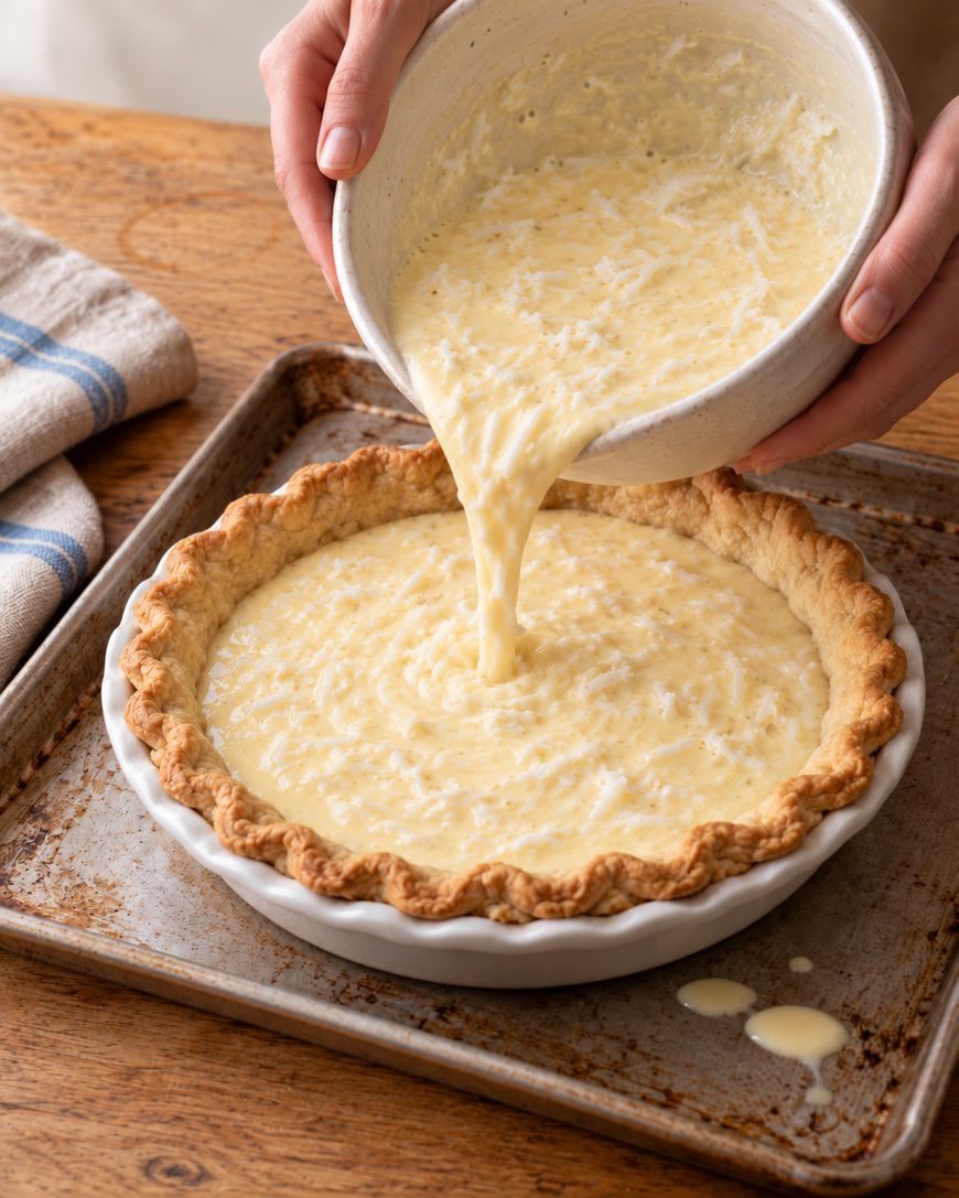 Hands pouring custard filling from a bowl into a prepared pie crust on a baking sheet.