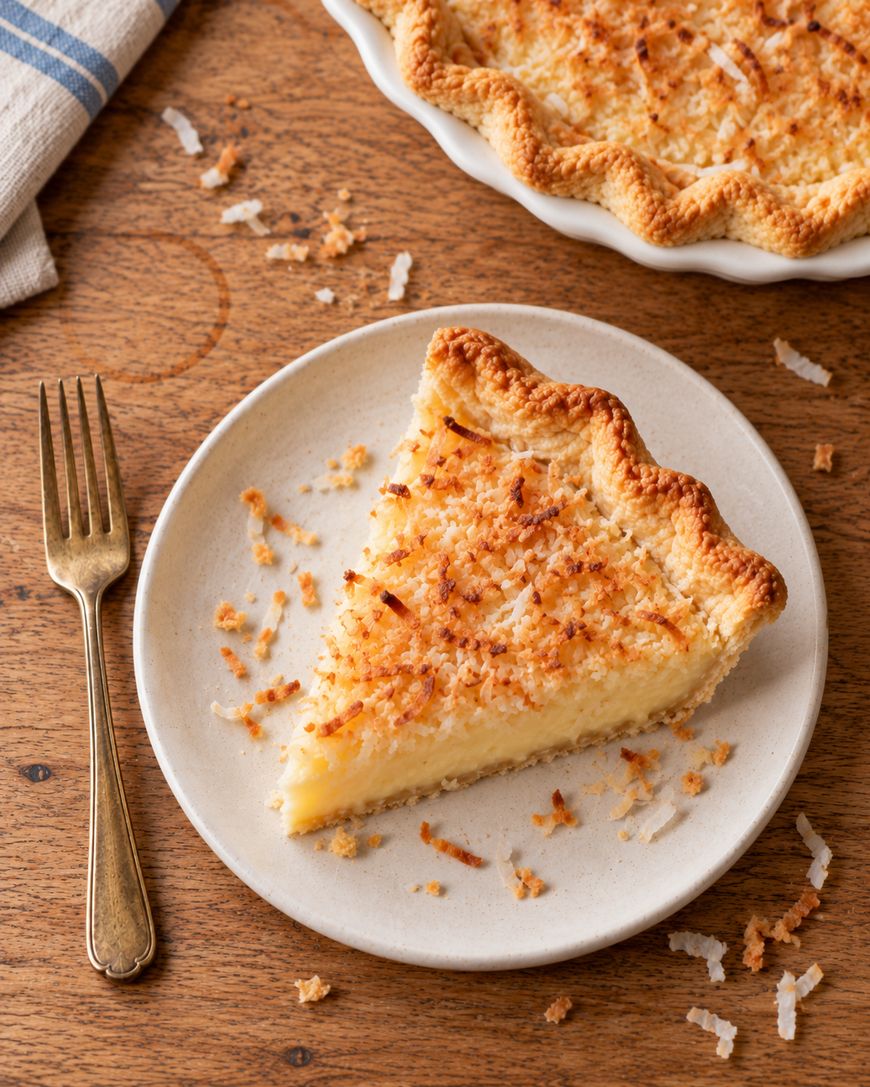 A slice of toasted coconut custard pie on a plate with a fork, with the remainder of the pie visible in the background.