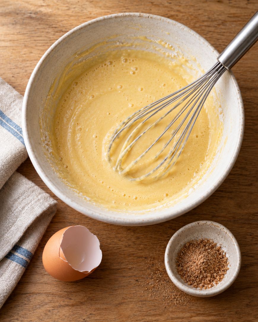 A metal whisk in a bowl of pale yellow batter, with an eggshell and a small dish of brown spice on a wooden table.