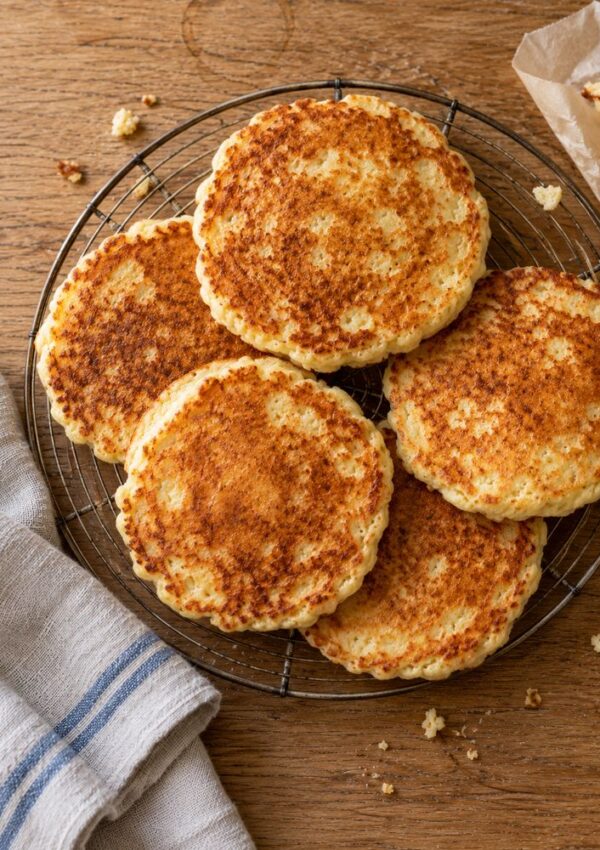 Five golden-brown English muffins cooling on a circular wire rack.