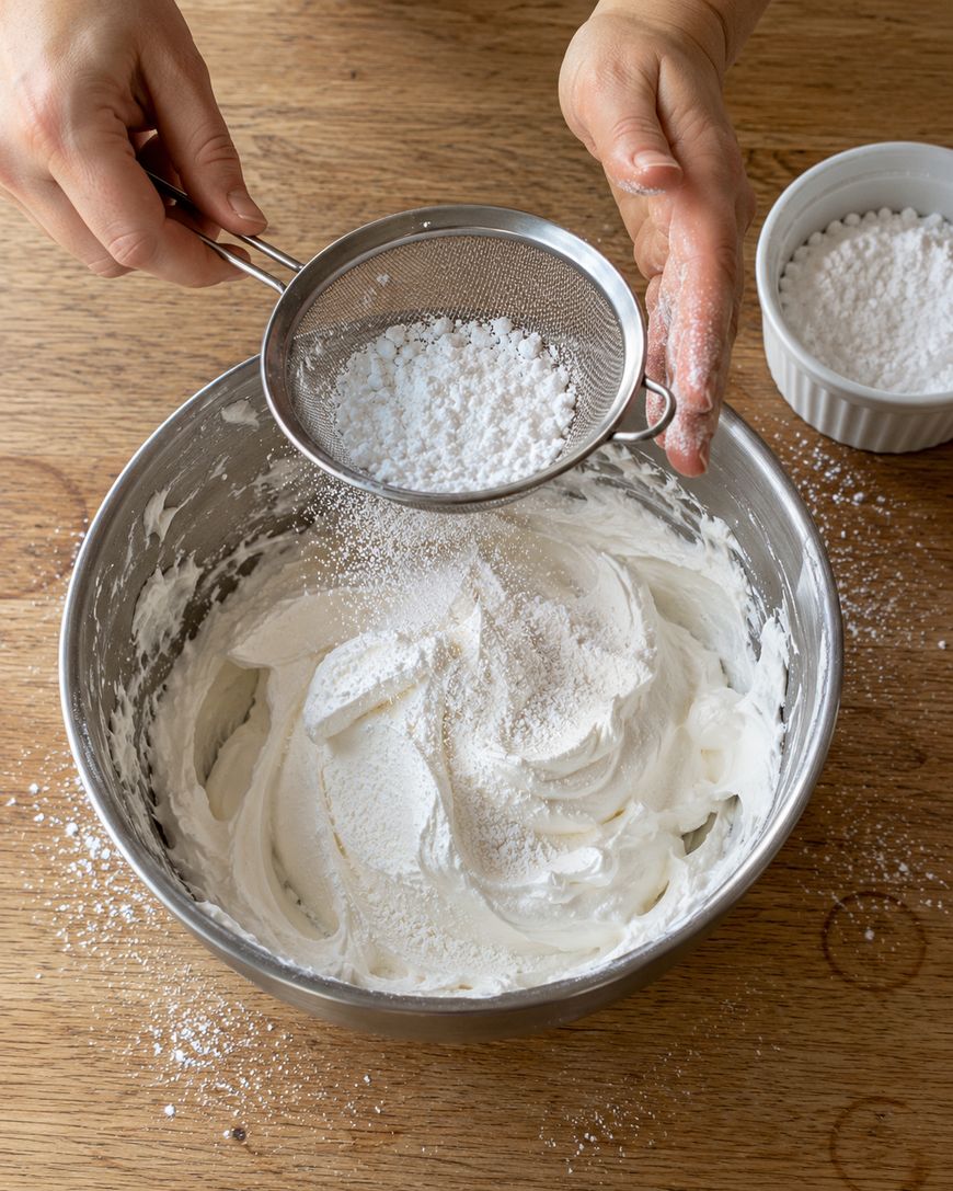 Hands sifting powdered sugar into a metal bowl filled with whipped cream.