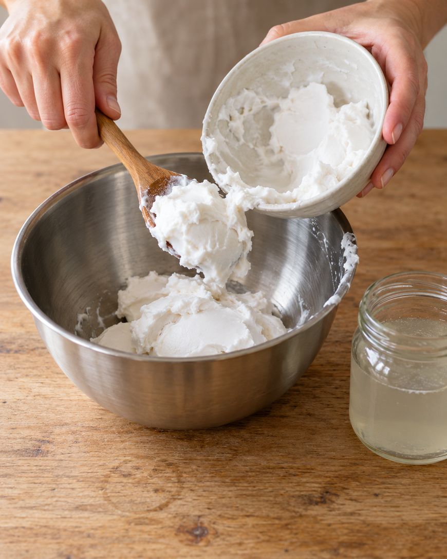 Hands use a wooden spoon to scrape white coconut cream from a small bowl into a large stainless steel mixing bowl, with a small jar of liquid nearby on a wooden table.