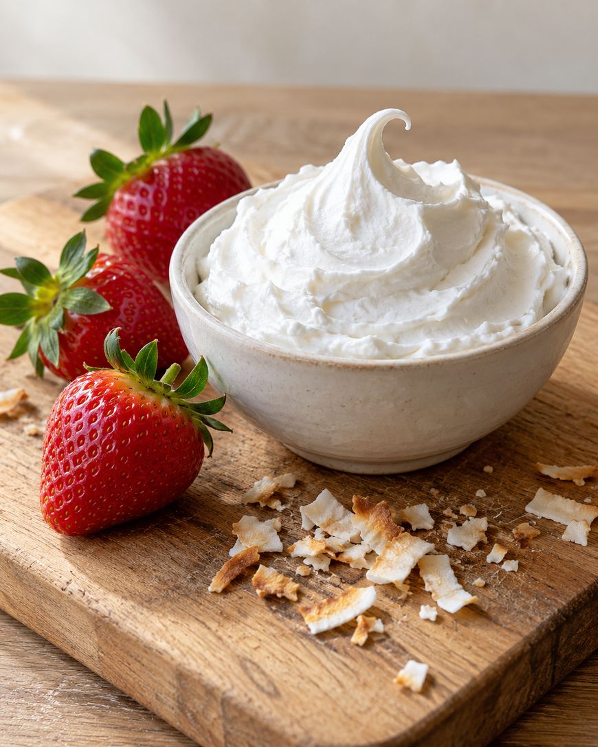 A bowl of whipped cream with three strawberries and toasted coconut flakes on a wooden cutting board.