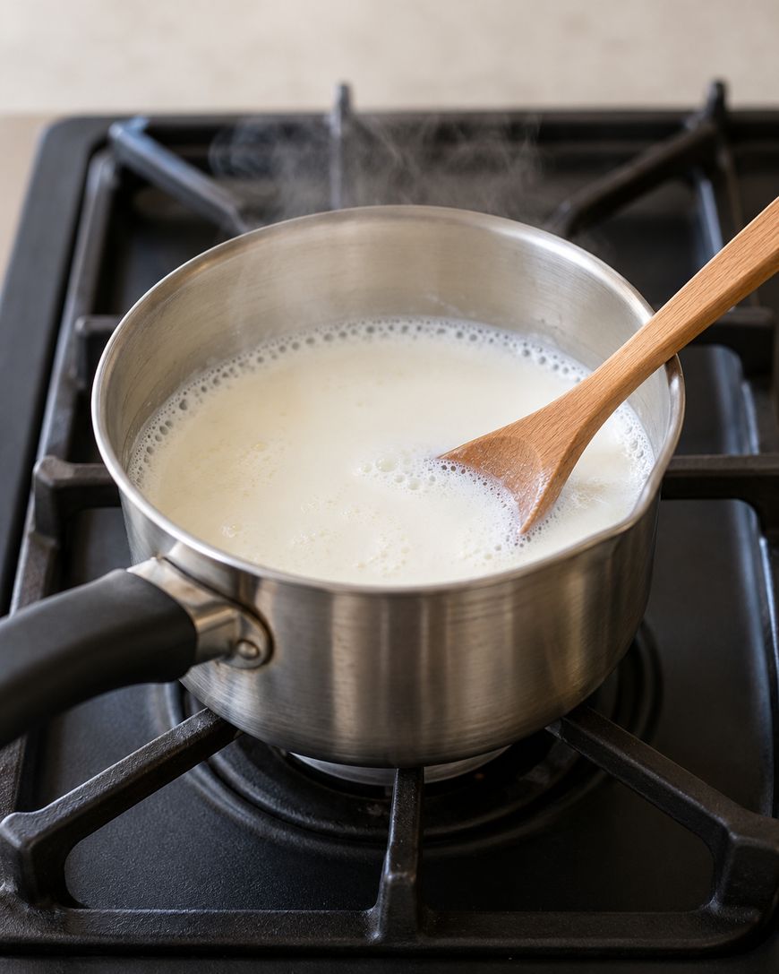 A steaming pot of milk on a stovetop with a wooden spoon inside.