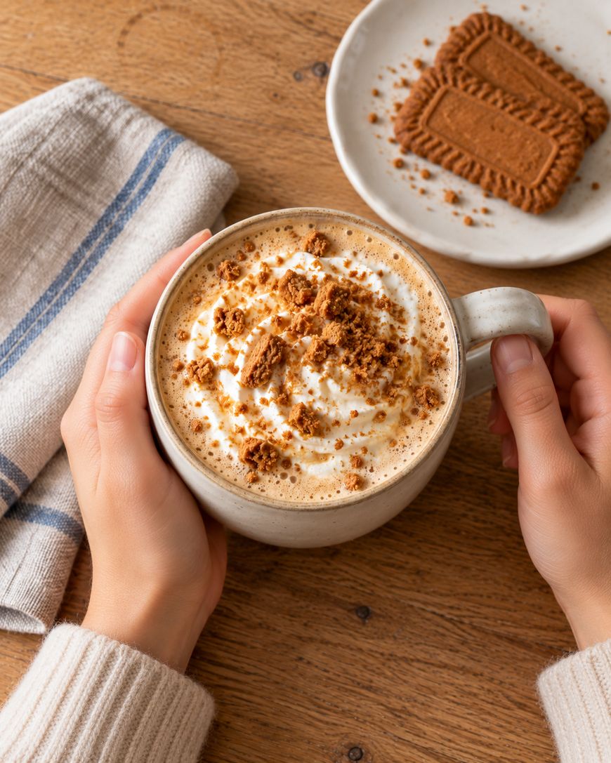 Hands holding a mug of coffee topped with whipped cream and crumbled cookies, with a small plate of cookies nearby.