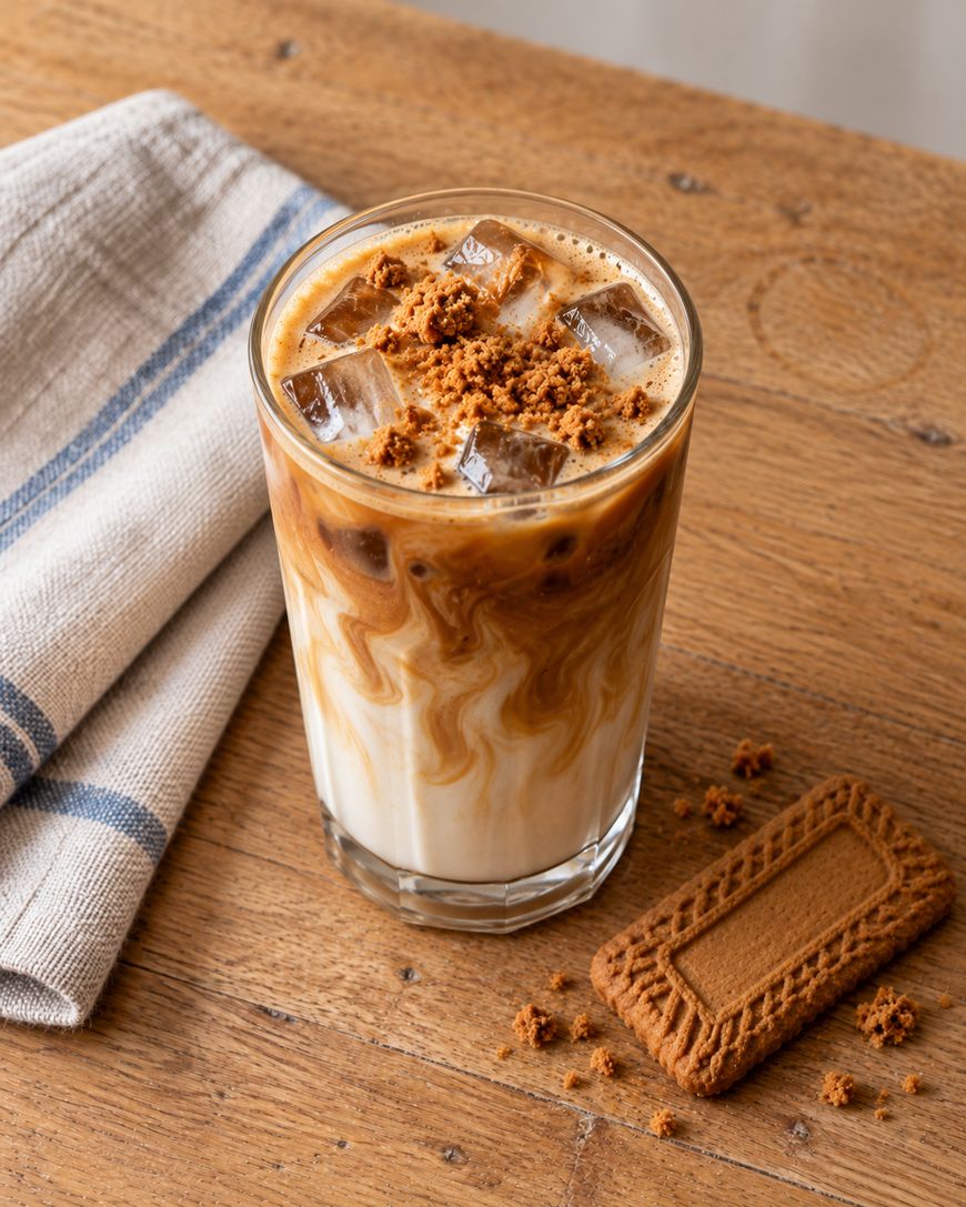 Iced coffee in a glass topped with cookie crumbles, next to a whole speculoos cookie on a wooden table.