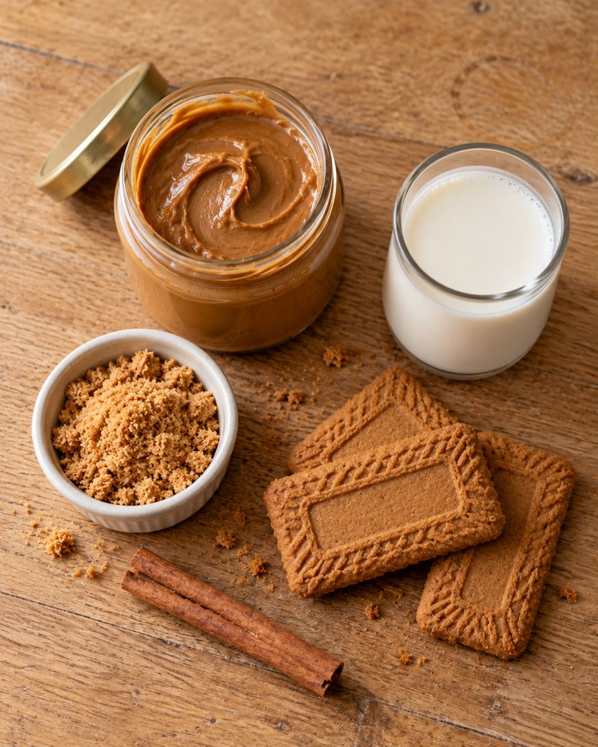 A jar of cookie butter, a small bowl of brown sugar, a glass of milk, two rectangular cookies, and a cinnamon stick on a wooden surface.
