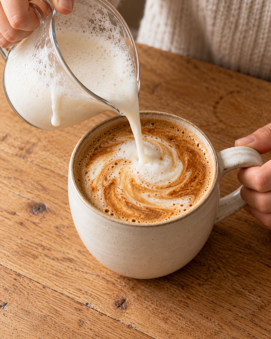 Steamed milk being poured from a glass pitcher into a ceramic mug of coffee, creating a swirl pattern in the foam.