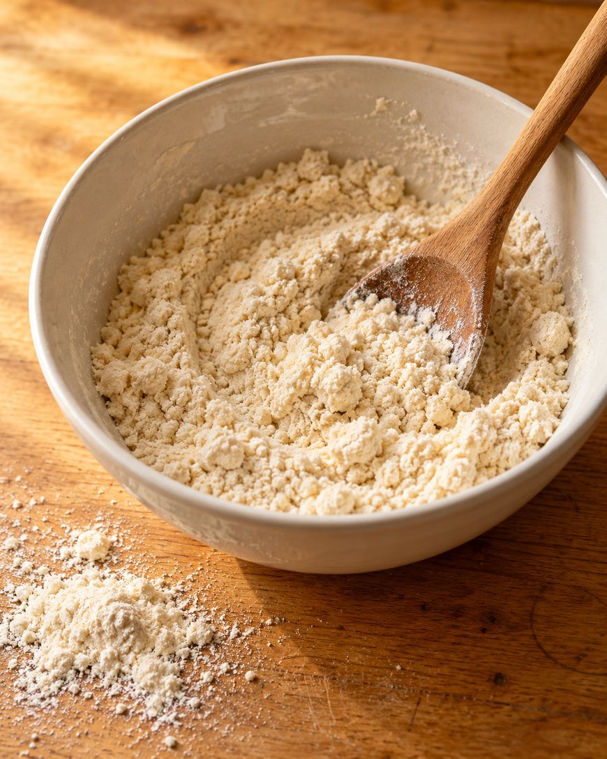 A wooden spoon stirs a crumbly flour mixture in a white bowl on a wooden surface, with a small pile of spilled flour nearby.