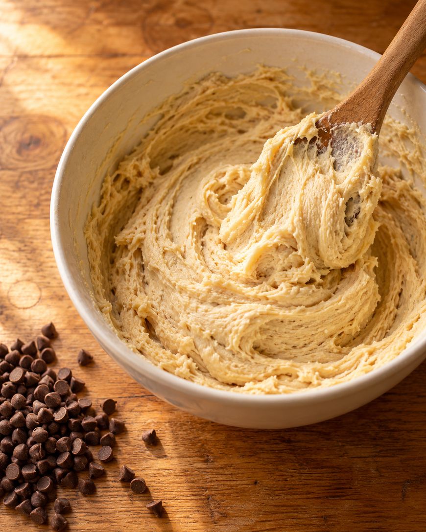 A wooden spoon resting in a bowl of creamy cookie dough next to a pile of chocolate chips on a wooden surface.