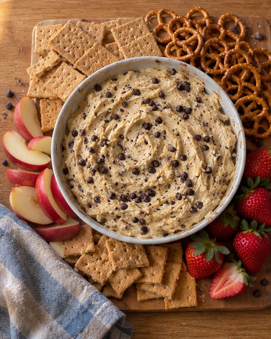 A bowl of chocolate chip cookie dough dip surrounded by graham crackers, pretzels, strawberry halves, and apple slices on a wooden board.