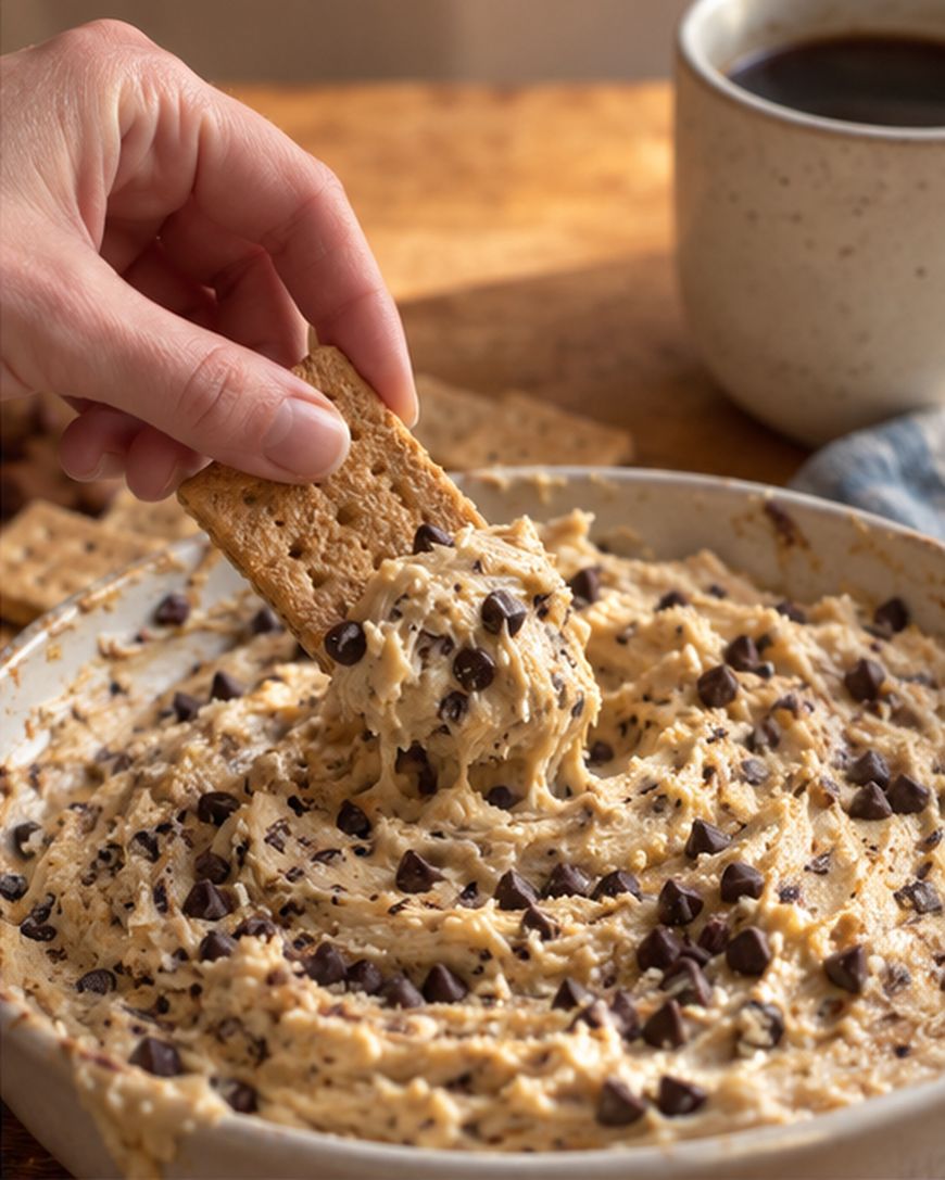 A hand dips a graham cracker into a bowl of chocolate chip cookie dough dip.