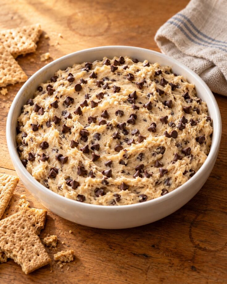 A bowl of chocolate chip cookie dough dip with graham crackers on a wooden surface.