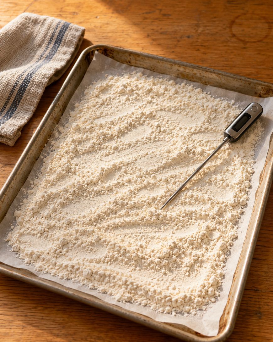 A layer of flour spread on a parchment-lined baking sheet with a digital thermometer inserted into the powder.