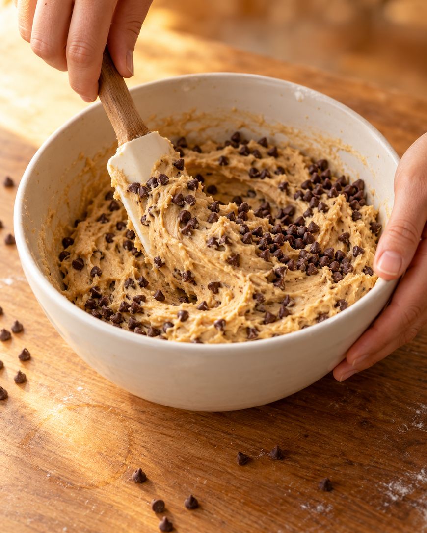 Hands using a spatula to stir chocolate chip cookie dough in a white mixing bowl.