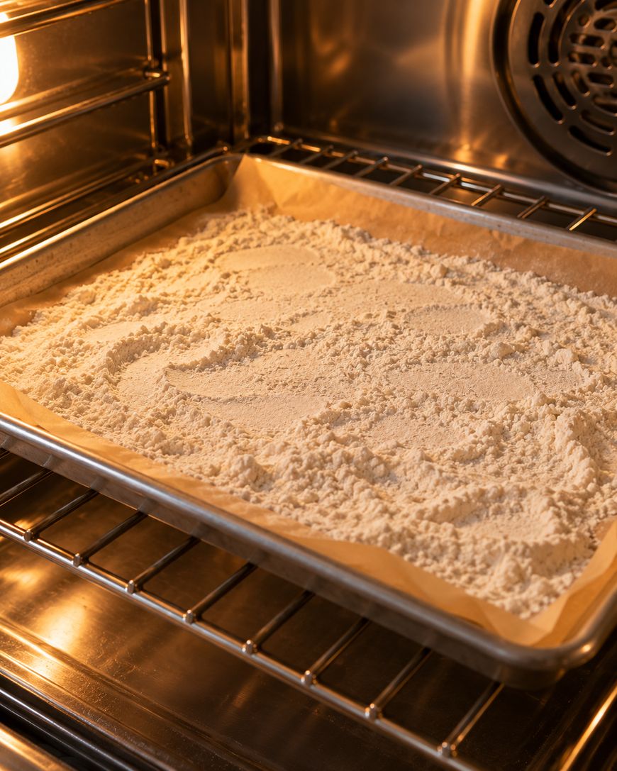 A baking sheet lined with parchment paper covered in a layer of flour inside an oven.