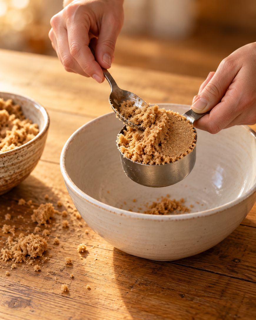 Hands using a metal spoon to pack brown sugar into a stainless steel measuring cup over a ceramic bowl.