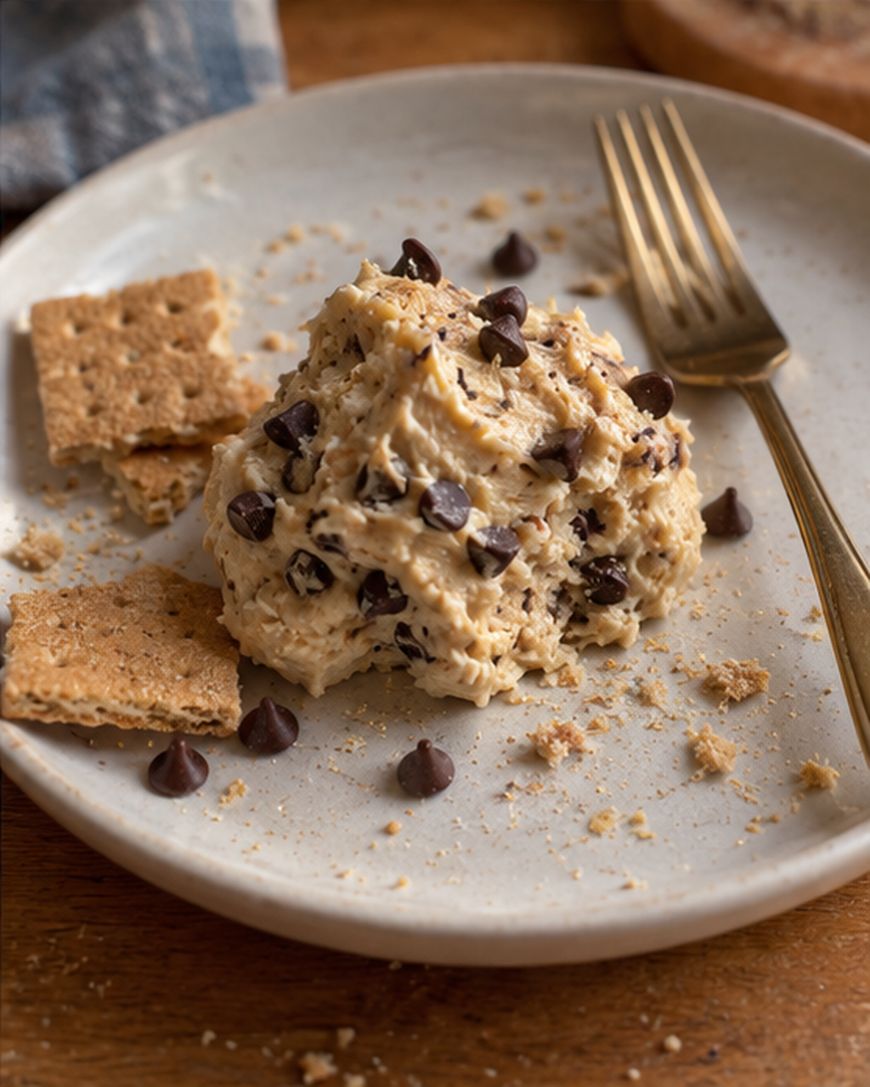 A scoop of chocolate chip cookie dough dip on a plate with graham cracker pieces and a gold fork.