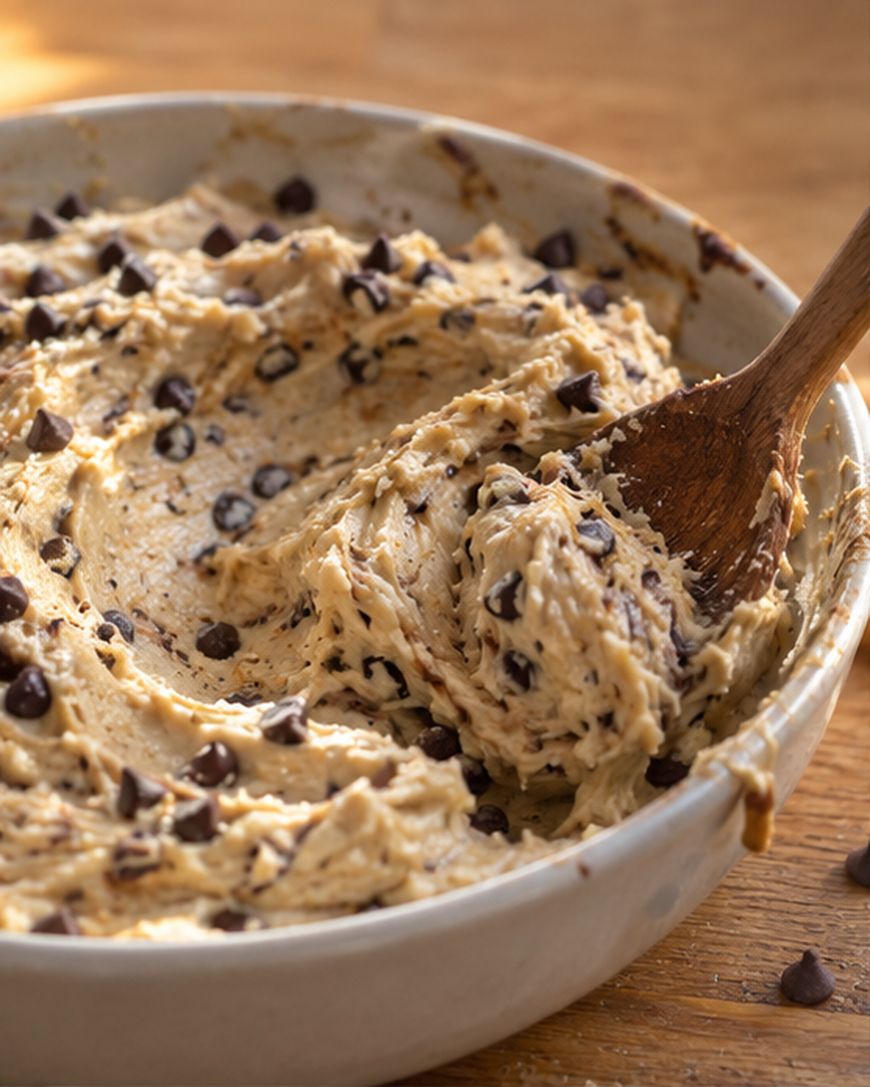 A wooden spoon scoops raw chocolate chip cookie dough from a ceramic mixing bowl.