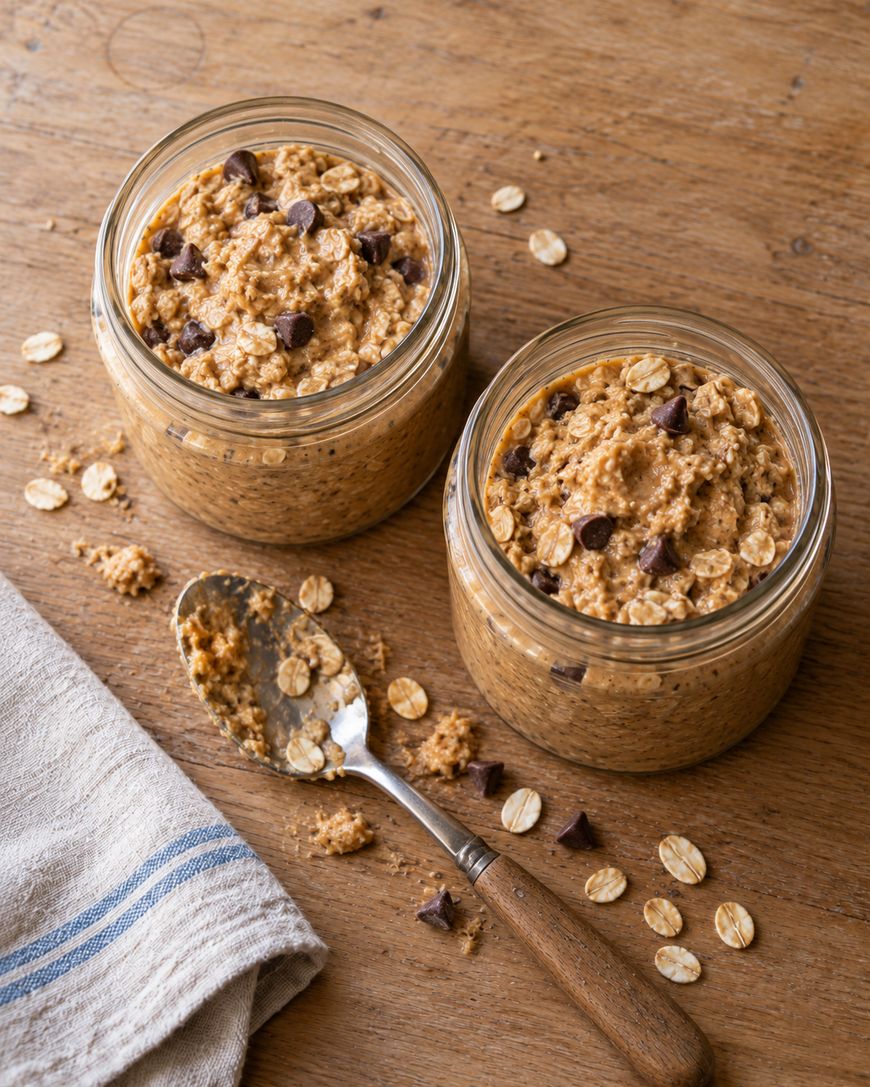 Two glass jars filled with peanut butter overnight oats topped with chocolate chips, sitting on a wooden surface with a spoon and scattered oats nearby.