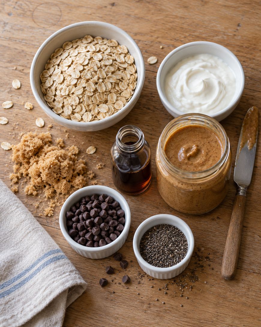 Overhead view of bowls containing rolled oats, yogurt, chocolate chips, and chia seeds, alongside a jar of almond butter, a small bottle of vanilla, and a pile of brown sugar on a wooden table.