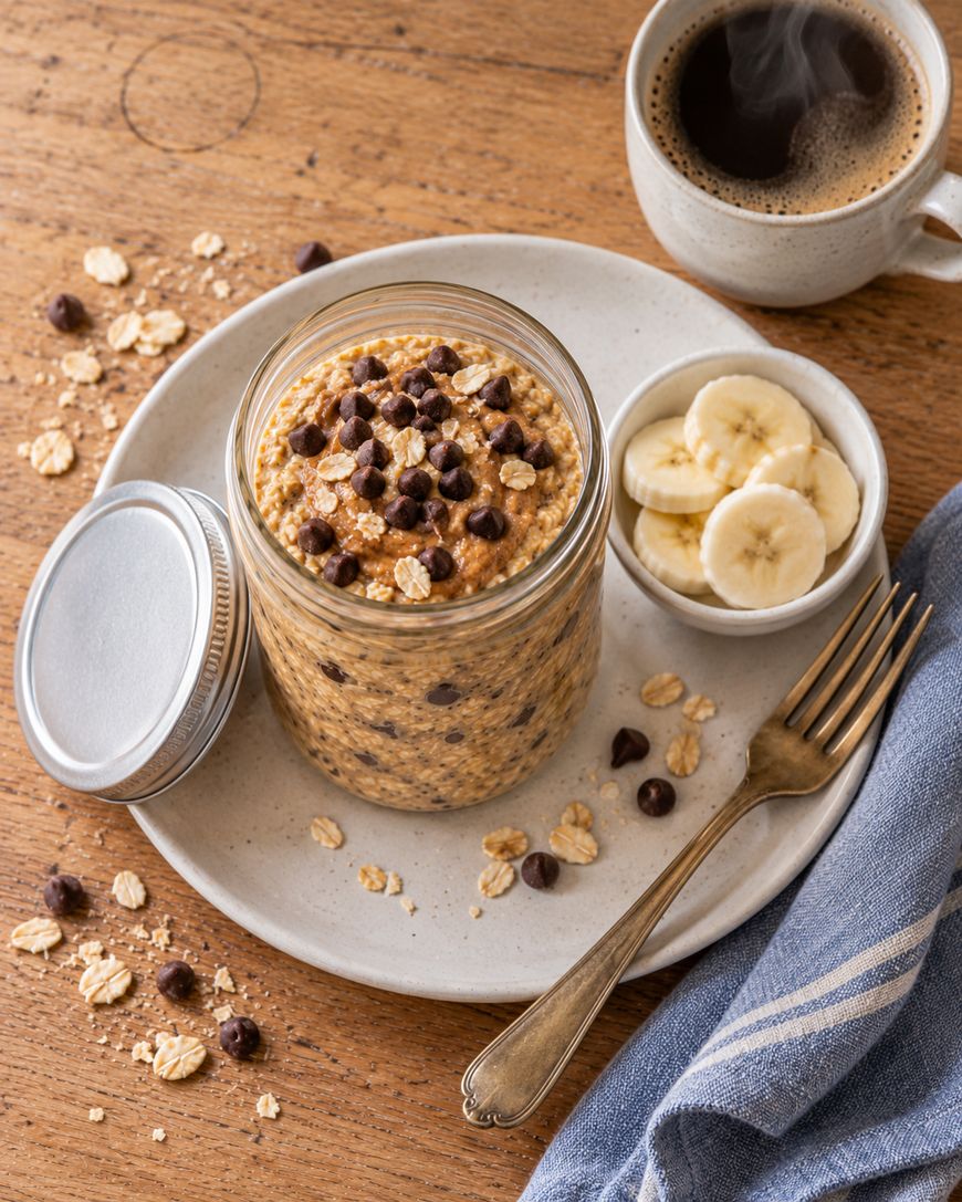 A glass jar of overnight oats topped with chocolate chips, served on a plate with a side of sliced bananas, a fork, and a steaming cup of coffee.