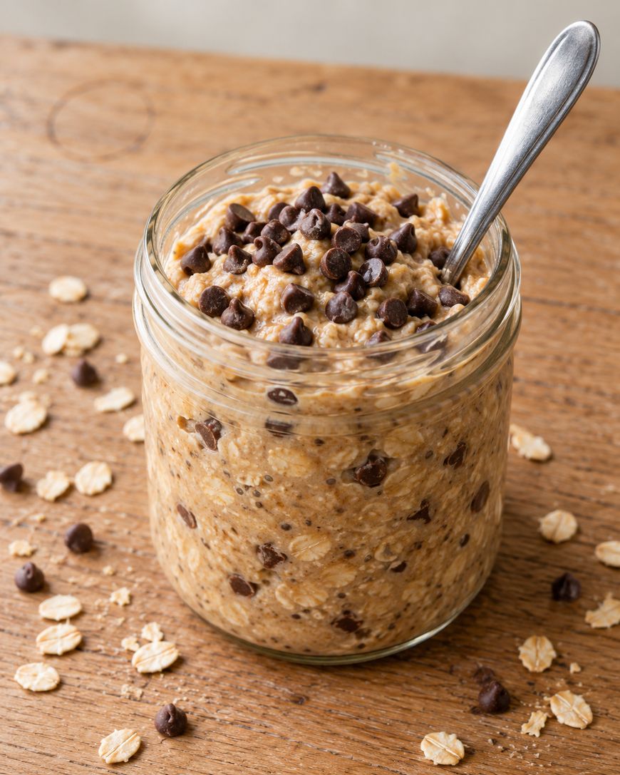 Glass jar filled with peanut butter overnight oats topped with chocolate chips, with a spoon tucked inside.