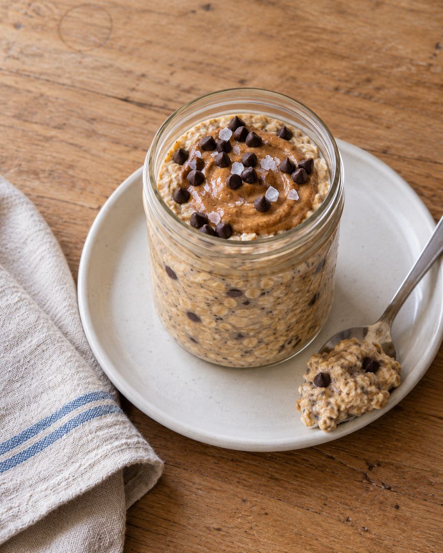 Overnight oats in a glass jar topped with nut butter, chocolate chips, and salt flakes, with a spoonful on the side.