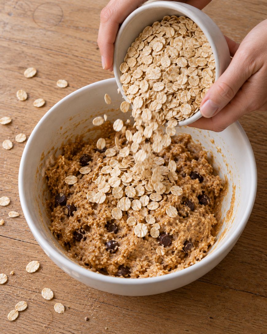 Hands pouring rolled oats from a small bowl into a large bowl of cookie dough with chocolate chips.