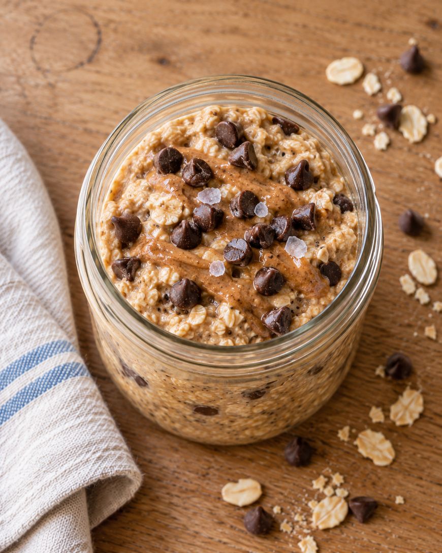 A glass jar of overnight oats topped with nut butter, chocolate chips, and coarse salt.
