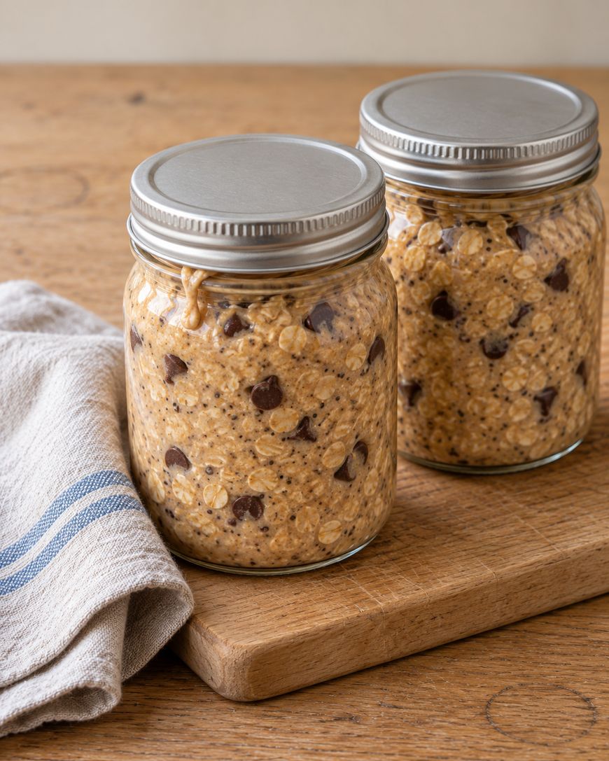 Two glass mason jars filled with overnight oats containing chocolate chips and chia seeds, sitting on a wooden cutting board next to a cloth napkin.