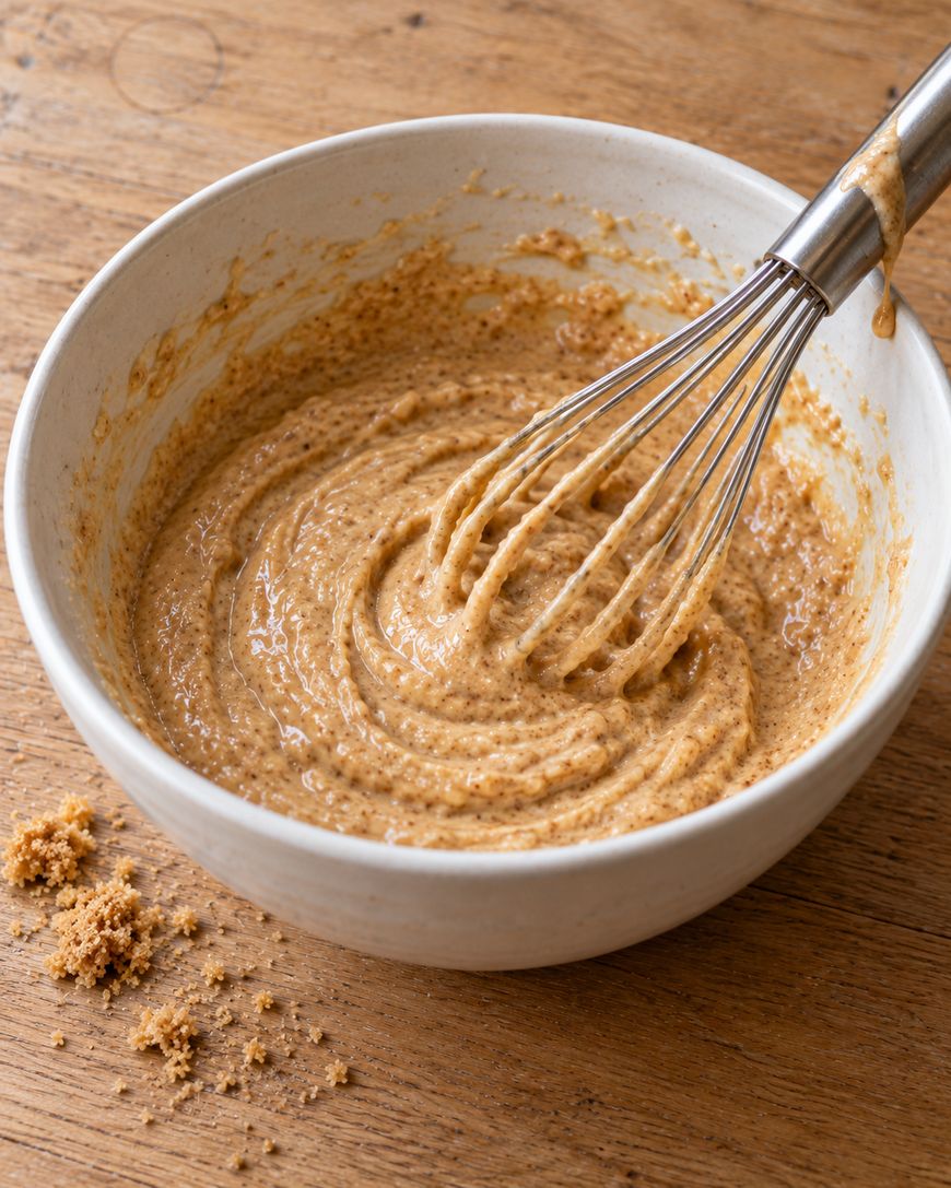 A metal whisk mixing a textured, light brown batter in a ceramic bowl, with a small pile of brown sugar on the wooden surface nearby.