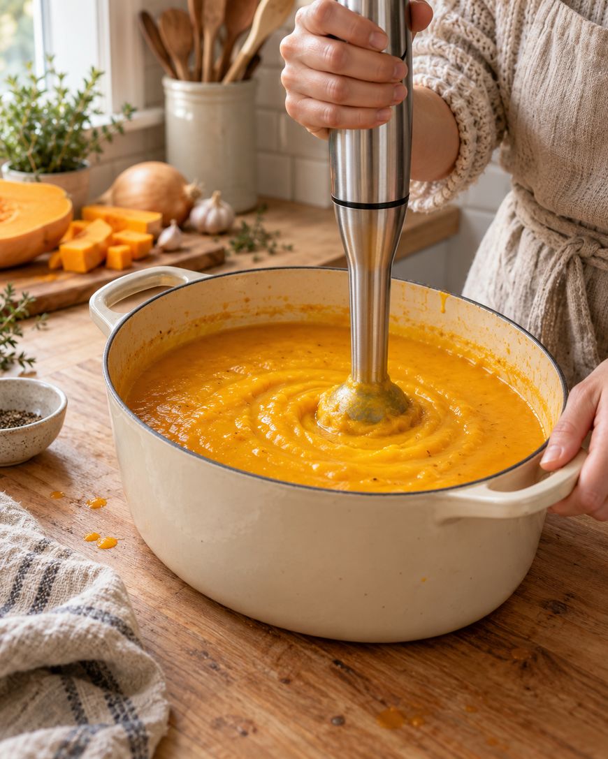 A person using an immersion blender to purée orange soup in a large ceramic pot.