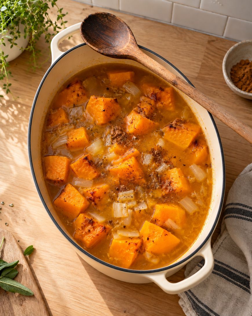 An oval pot of squash and onion stew, garnished with spices and served with a wooden spoon.