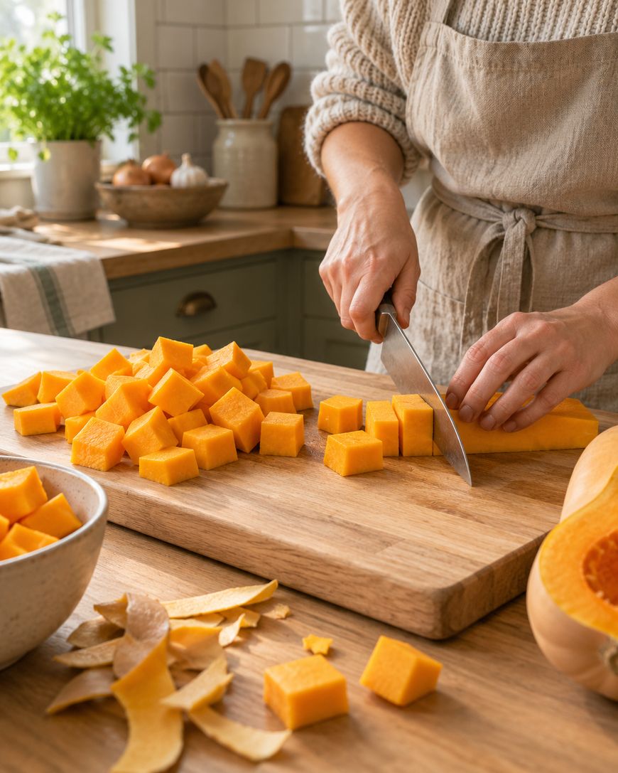 A person in an apron uses a knife to cut butternut squash into cubes on a wooden cutting board.