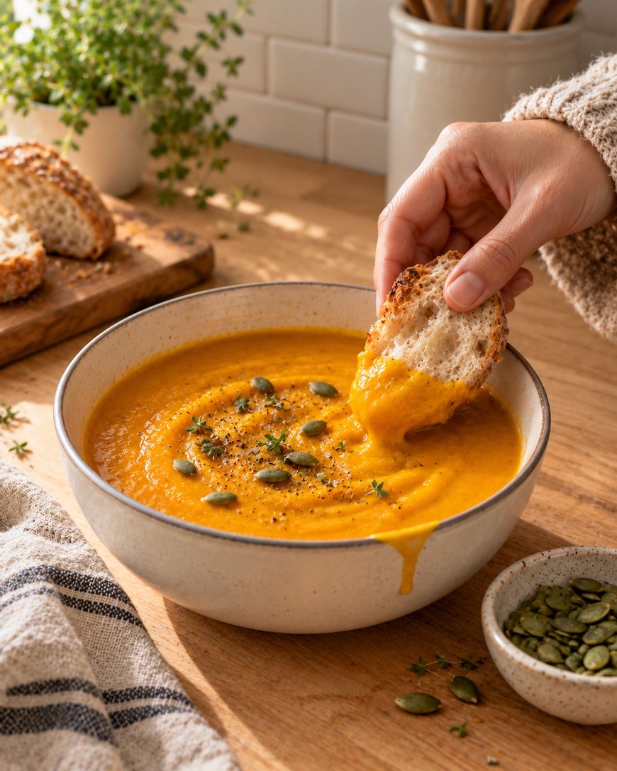 A hand dips a piece of crusty bread into a bowl of creamy orange soup topped with pumpkin seeds and herbs.