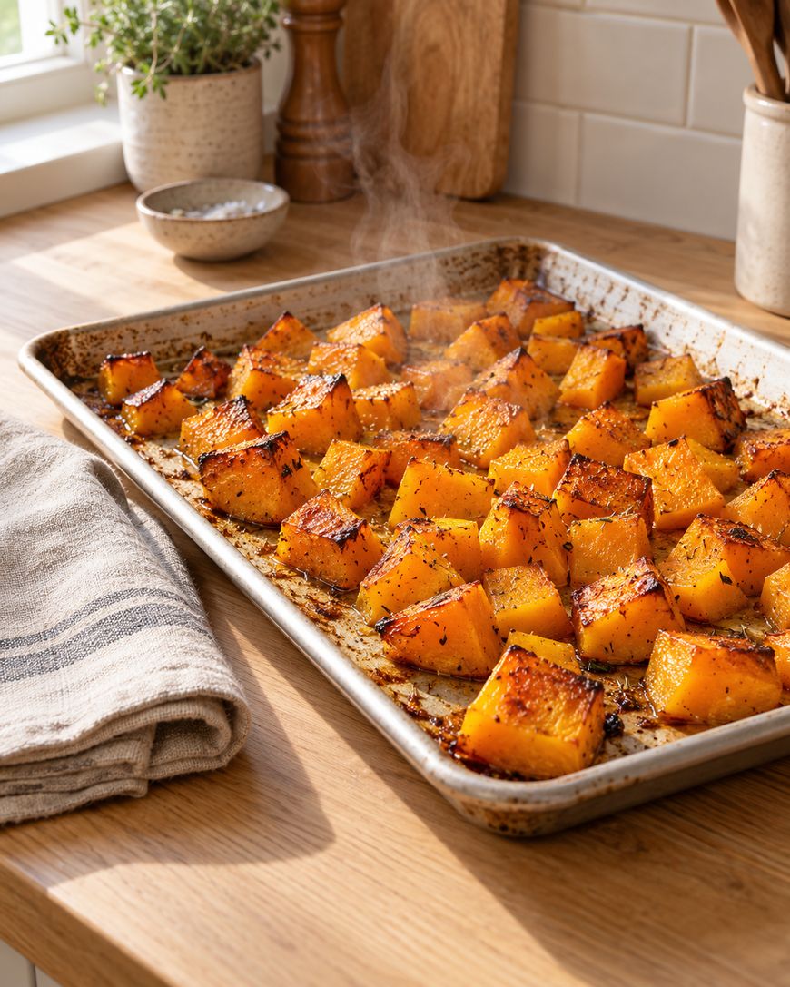 A baking sheet of freshly roasted, golden-brown butternut squash cubes with steam rising from the pan.