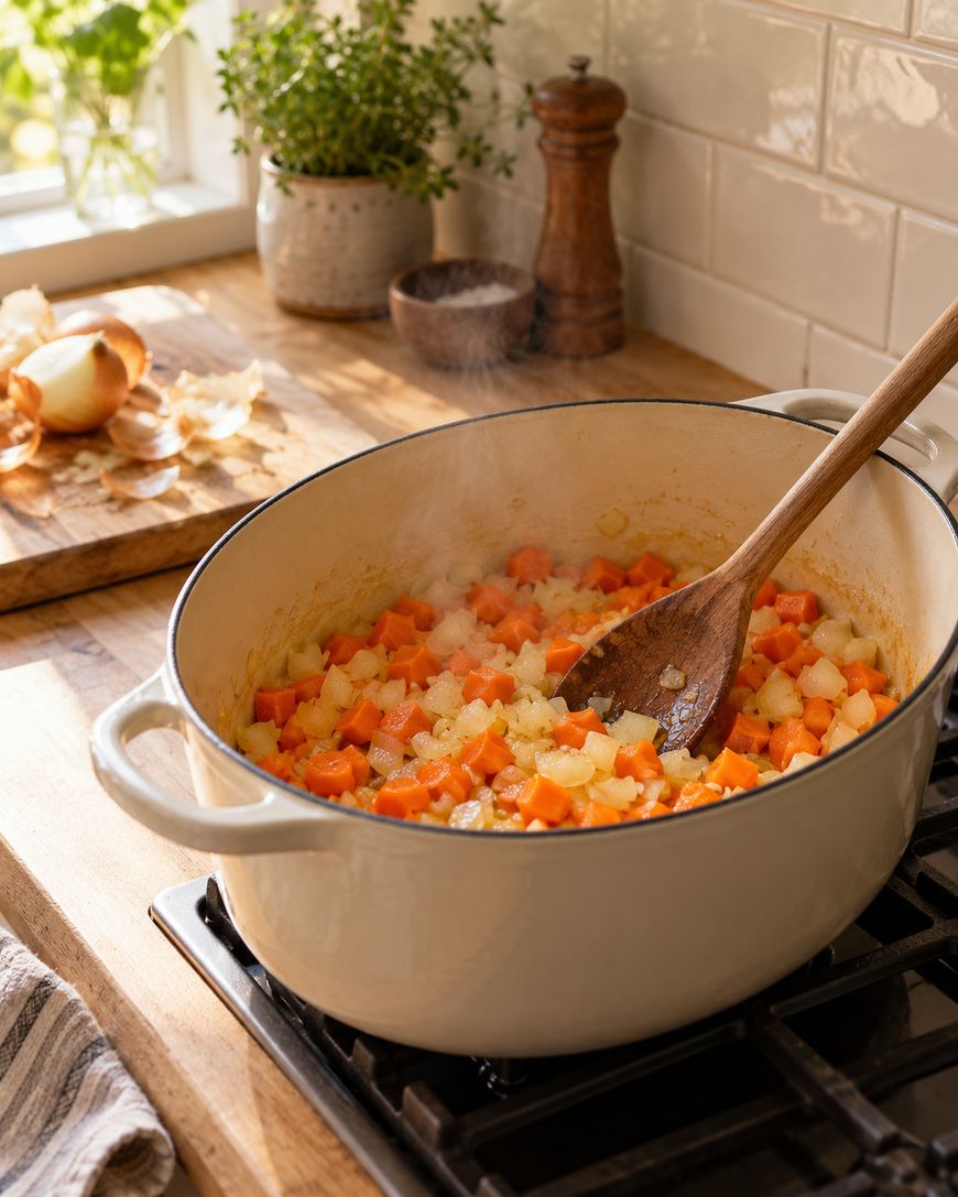 A wooden spoon stirs diced carrots and onions sautéing in a cream-colored Dutch oven on a stovetop.
