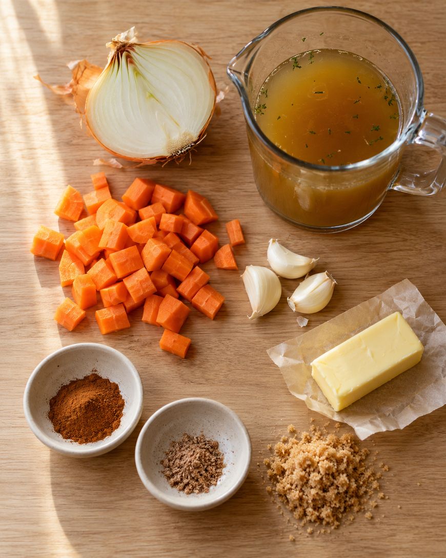 Ingredients for cooking including a half onion, diced carrots, a glass measuring cup of broth, garlic cloves, a stick of butter, brown sugar, and two small bowls containing ground spices on a wooden surface.