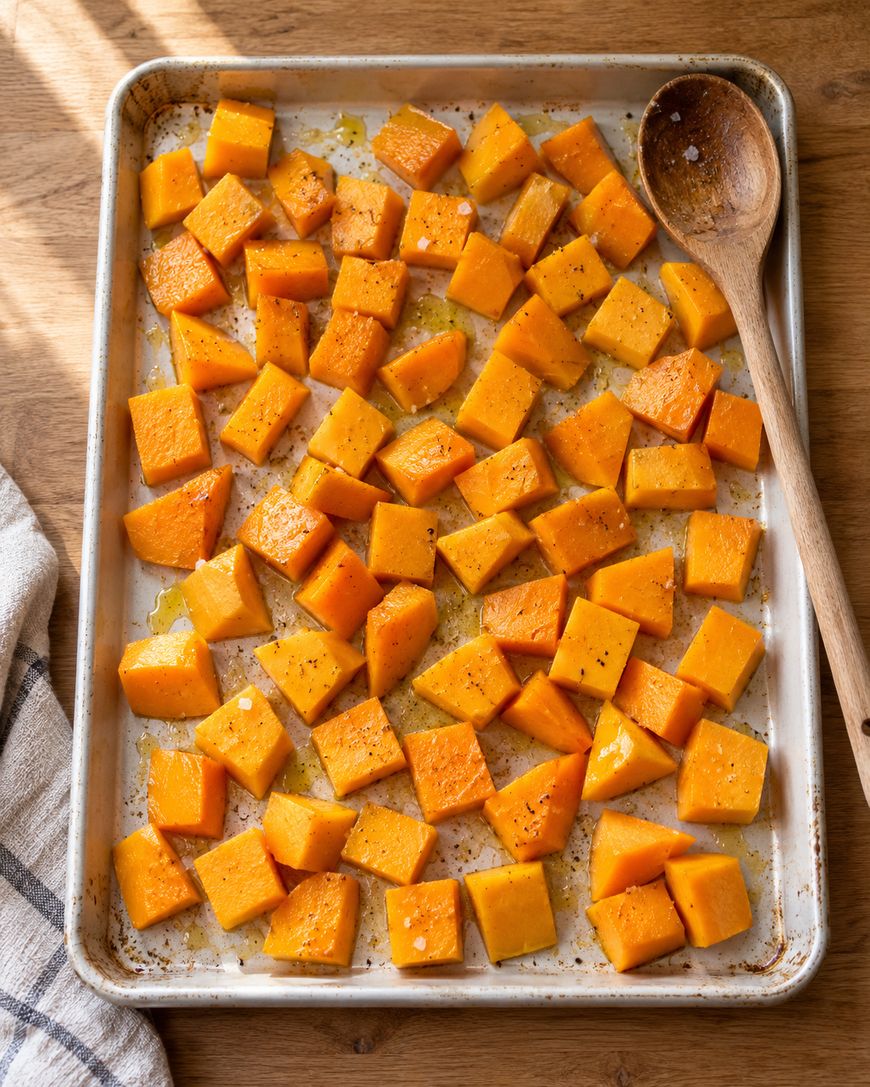 A sheet pan filled with cubes of roasted butternut squash and a wooden spoon.