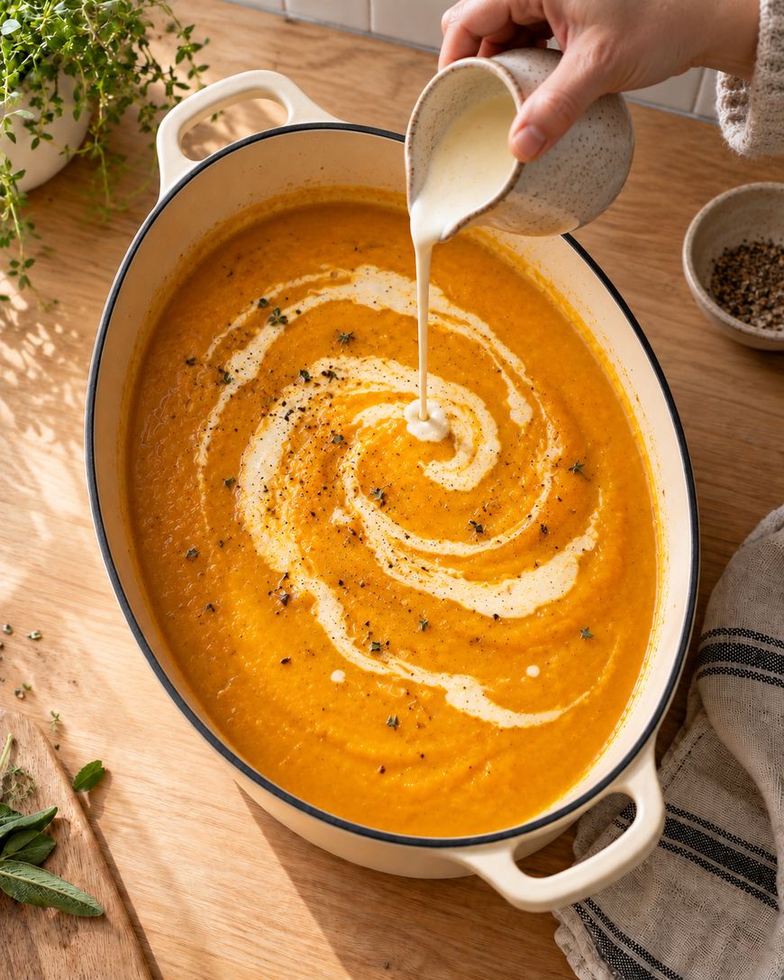 Cream is poured from a small pitcher into a swirling pattern over a bowl of orange soup garnished with herbs.