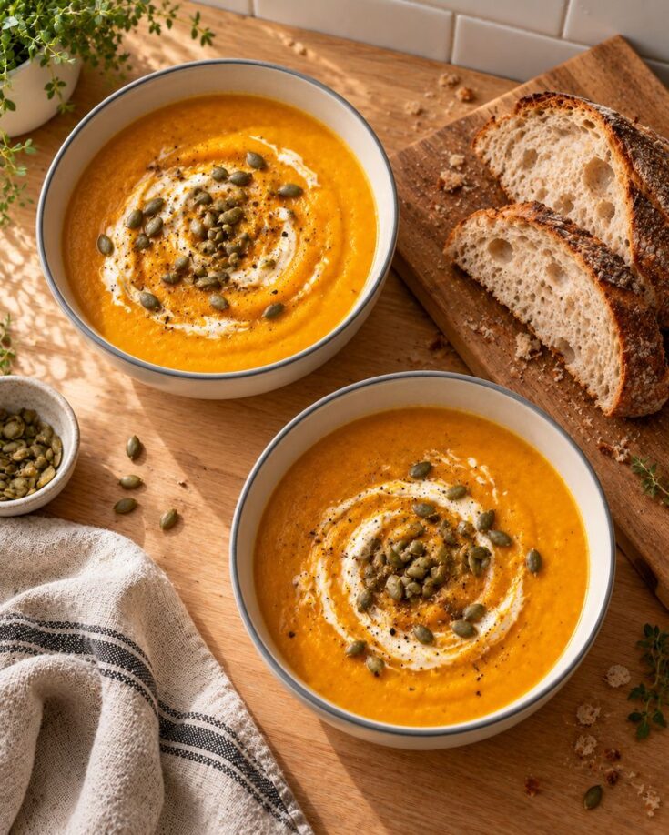 Two bowls of orange soup swirled with cream and topped with pumpkin seeds, served with slices of rustic bread.