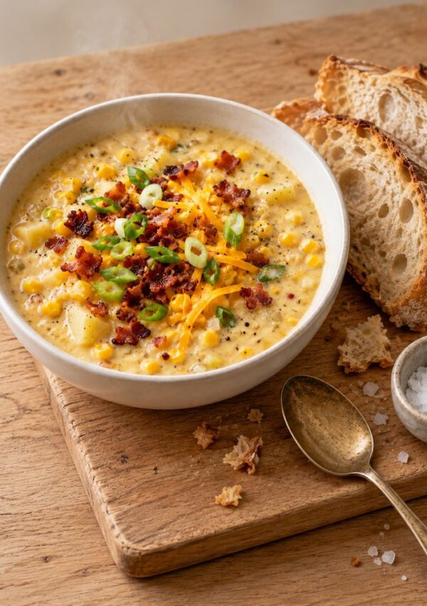 A bowl of corn chowder topped with bacon, shredded cheese, and green onions, served with slices of rustic bread and a spoon on a wooden board.