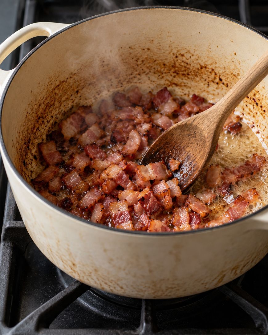 Bacon pieces frying in a Dutch oven with a wooden spoon.