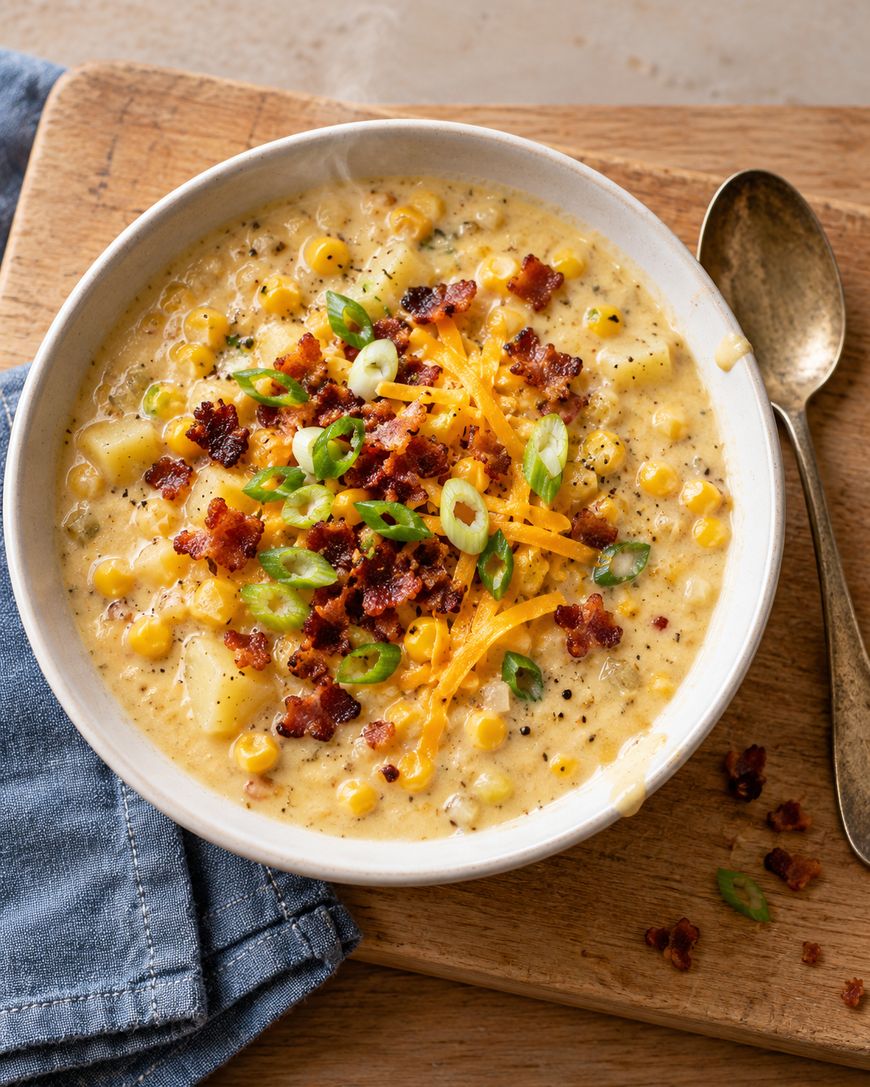 A bowl of creamy corn chowder topped with shredded cheddar, crispy bacon bits, and sliced green onions, served with a spoon on a wooden board.